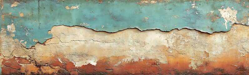 Aufkleber - A weathered surface featuring layers of peeling paint in blue, white, and rusty red, showcasing a vintage, distressed texture.