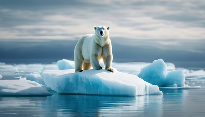 a polar bear sits on a block of ice in the sea ice. its fine white fur contrasts with the bright blu