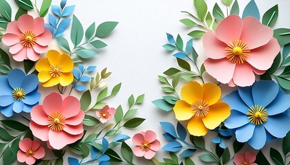 Leinwandbilder - A vibrant arrangement of paper flowers in pink, yellow, and blue, framed by lush green leaves against a light background.