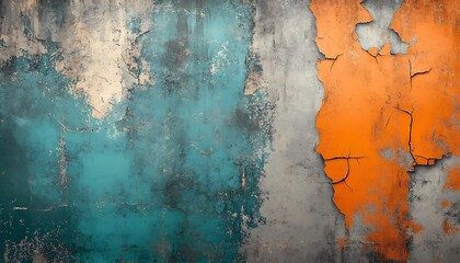 Aufkleber - A textured wall featuring teal and orange patches, showcasing dramatic peeling paint and a rustic, weathered appearance.