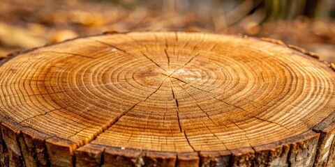 A close-up view of a tree stump with visible growth rings, revealing the intricate patterns and textures of the wood