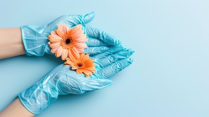 Poster - A pair of blue gloves holding an orange gerbera flower 