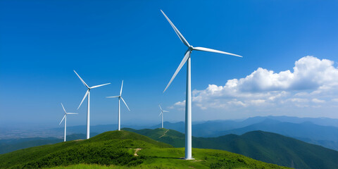 Renewable energy wind turbines on a sunny summer day with a picturesque backdrop of green hills and vegetation