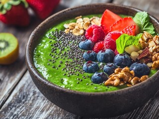 Vibrant green smoothie bowl topped with fresh berries, seeds, and nuts.