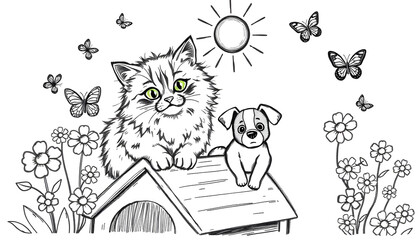 coloring book black and white illustration cute cat dog house