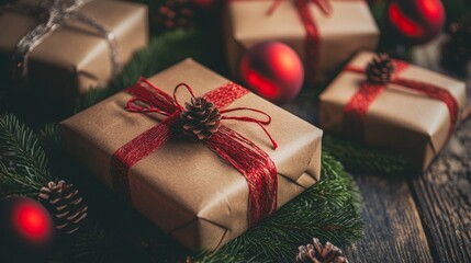 Christmas gifts with red ribbon and pinecone decorations