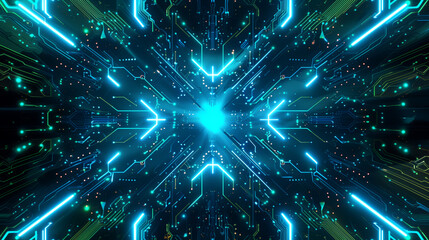 Wall Mural - futuristic digital cyber tech background wallpaper, Glowing circuit board patterns in neon blue and green, with smooth digital lines and a dark background