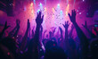© Bartek - Energetic Party Crowd Dancing at Nightclub with Confetti and Purple Lights, Celebrating Nightlife, Hands Raised in Joyful Expression
