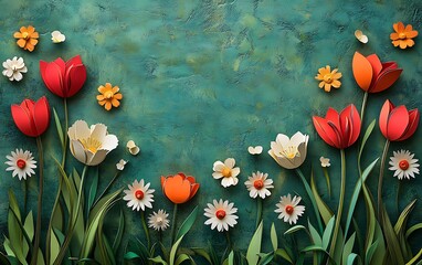 Leinwandbilder - A vibrant arrangement of various flowers, including tulips and daisies, set against a textured blue background, creating a cheerful and lively display.