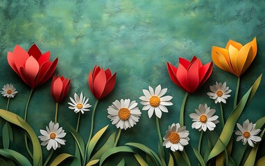 Leinwandbilder - A vibrant artwork featuring colorful flowers including tulips and daisies against a textured green background.
