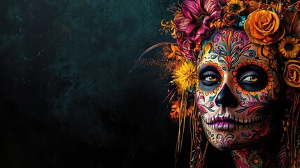 Sticker - Artistic Day the Dead sugar skull with elaborate designs and vivid colors set against a dark, dramatic backdrop