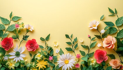 Leinwandbilder - A vibrant arrangement of colorful flowers and green leaves on a sunny yellow background, creating a cheerful and fresh aesthetic.