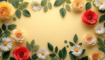 Leinwandbilder - A vibrant floral arrangement featuring roses and daisies against a yellow background, creating a cheerful and fresh atmosphere.