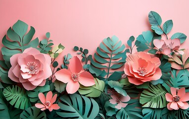 Leinwandbilder - A vibrant arrangement of paper flowers and leaves against a soft pink background, showcasing intricate designs and hues.