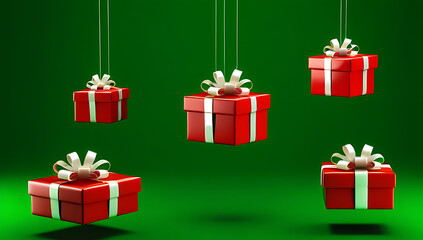 render floating christmas presents green background