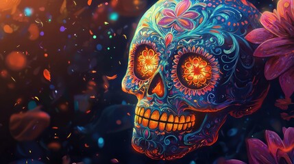 Sticker - Artistic depiction a Day the Dead sugar skull with elaborate designs and vivid colors set against a dark, atmospheric background