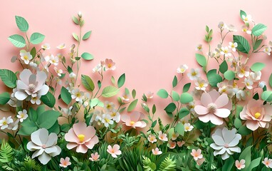 Leinwandbilder - A beautiful arrangement of colorful paper flowers and greenery against a soft pink background, creating a vibrant floral display.