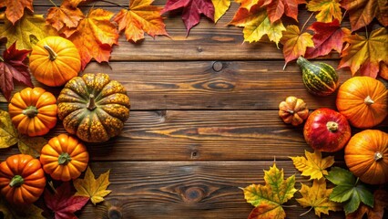 Autumnal Harvest Display A Rustic Wooden Background Adorned with Vibrant Pumpkins and Colorful Fall Foliage