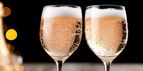 Two champagne flutes are filled with bubbly champagne