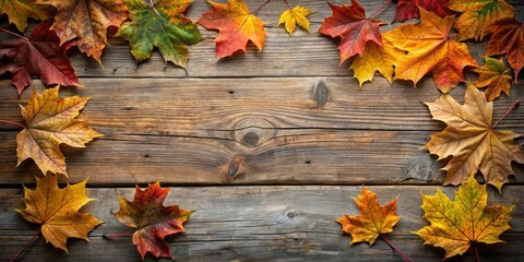 Autumn leaves arranged around a rustic wooden background, showcasing the beauty of nature's changing colors.