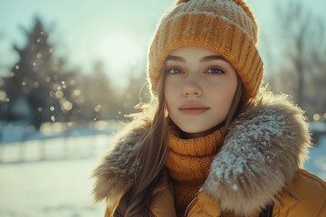 Wall Mural - Beautiful young model woman dressed in warm clothes in winter park