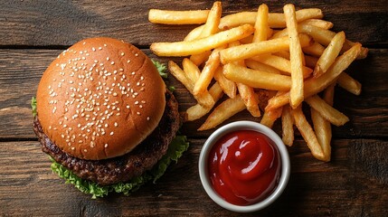 Hamburger on a plate with fries	