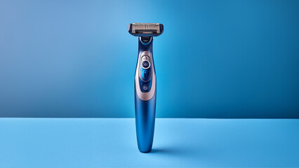 Stand-alone electric beard shaver on a blue background, with copy space; minimalist trend, men's grooming appliance