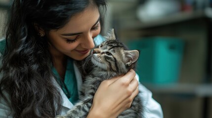 Wall Mural - A South Asian female veterinarian with long dark hair, gently treating a kitten in a cozy animal care room.