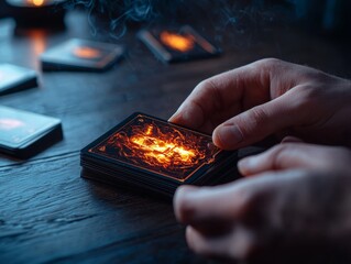 Hands holding a mystical card with glowing patterns, surrounded by other cards on a wooden table, emitting a sense of magic and mystery.