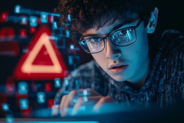 Leinwandbilder - Infection with ransomware malware and breach of data. Spam virus with warnings on Internet security protection. Laptop system hacked warning sign on virtual screen.