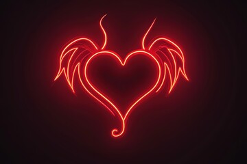 A simple neon sign of a heart with wings and horns, glowing red against the dark background