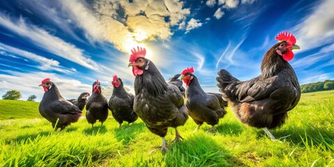 Black Australorps Chickens Roaming Freely in a Lush Green Field Under a Bright Sunny Sky