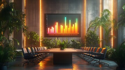 Aufkleber - A modern conference room with a large screen displaying colorful data visuals, surrounded by plants and stylish seating.