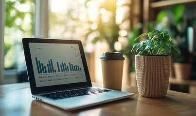 Poster - A modern workspace featuring a laptop displaying graphs, a coffee cup, and a potted plant, bathed in warm sunlight.