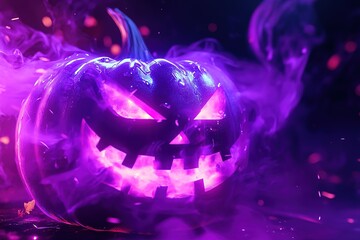 A glowing purple jack-o'-lantern, a Halloween background with a neon light effect and smoke, a Halloween core mood, a glowing purple pumpkin. High quality