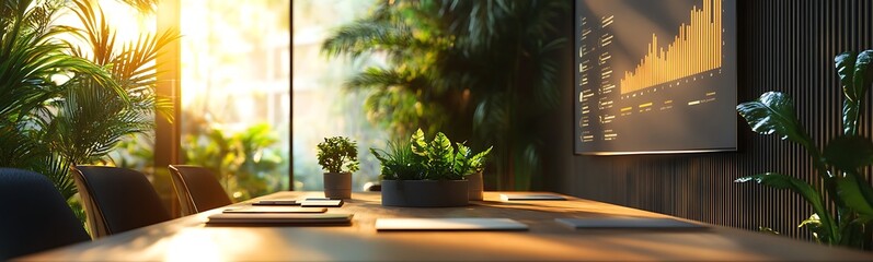 Aufkleber - A bright, modern conference room adorned with plants, featuring a large table, warm sunlight, and a projector screen, creating an inviting atmosphere for meetings.