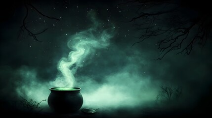 Mystical cauldron bubbling with mysterious glowing green potion wispy tendrils of steam rising ancient tree branches hanging overhead twinkling stars in a deep indigo night sky