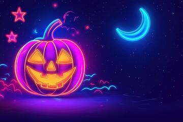 Halloween neon sign with a pumpkin, stars, and a moon on a dark background. Glowing light effect