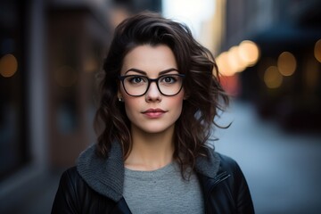 Portrait of beautiful young woman with eyeglasses in the city