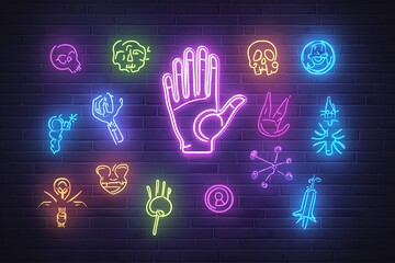 Neon sign of two hands with stars and a tombstone, a smiley face emoji in the background, vector illustration