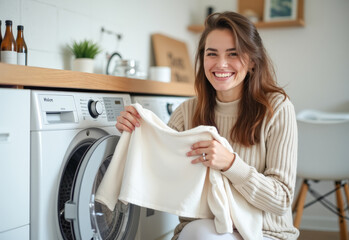 the housewife pulls the laundry out of the washing machine