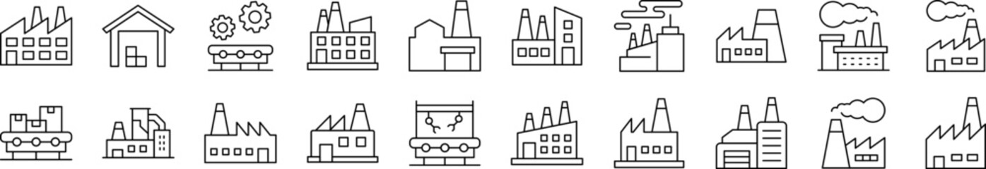 collection of outline symbols of factory, manufacture drawn with thin line for apps, web sites, bann