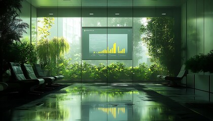 Aufkleber - A serene, green room with plants, reflective water, and a digital display showcasing data, blending nature and technology harmoniously.