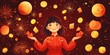 © dakinya - Festive illustration of a girl juggling red envelopes, lanterns, and fireworks, celebrating Chinese New Year, vibrant red background, joyful atmosphere, copy space, selective focus