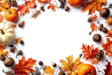 White background with elements of autumn and pumpkins, creating an empty space for text or design in the center of the frame.