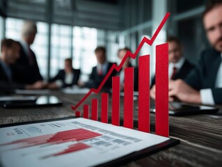 Close-up of graphs showing red upward trend in modern office meeting, highlighting business growth and success.