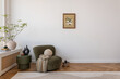 © FollowTheFlow - Minimalist composition of living room interior with design green armchair, mok up poster frame, plant and decorations. Home decor.