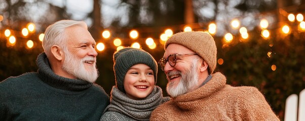 A cozy family moment lit by string lights, featuring two elderly men and a child wearing warm winter sweaters.