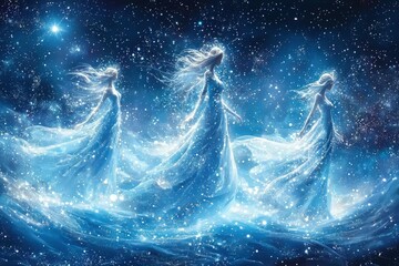 three ethereal figures in flowing gowns against a starry night sky
