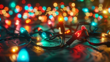 Colorful Christmas Lights on Wooden Background